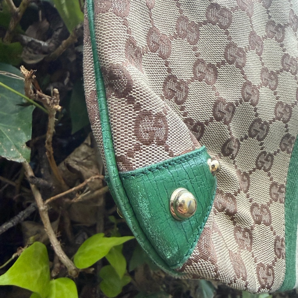 Gucci Beige GG Canvas Shoulder Bag with Green Stripe and Leather Trim - Picture 6 of 8